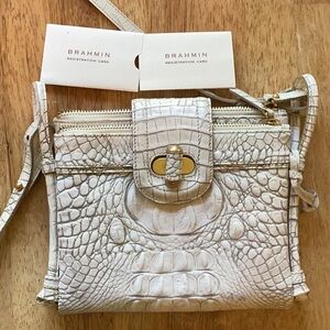 Brahmin White Textured Crossbody Bag with Gold Hardware